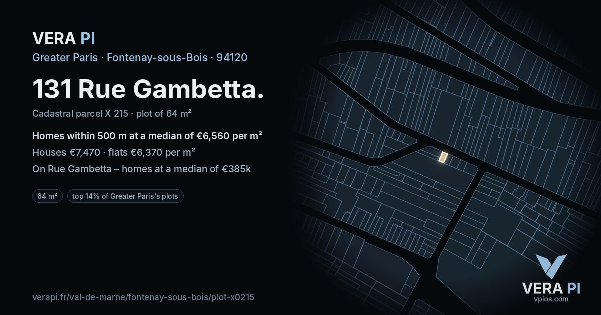 131 Rue Gambetta, Fontenay-sous-Bois at night – the plot lit, the parcels around coloured by the prices near them
