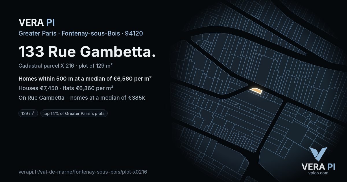133 Rue Gambetta, Fontenay-sous-Bois at night – the plot lit, the parcels around coloured by the prices near them