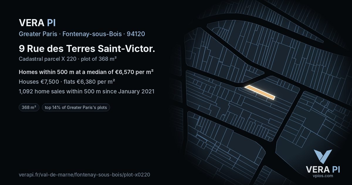 9 Rue des Terres Saint-Victor, Fontenay-sous-Bois at night – the plot lit, the parcels around coloured by the prices near them