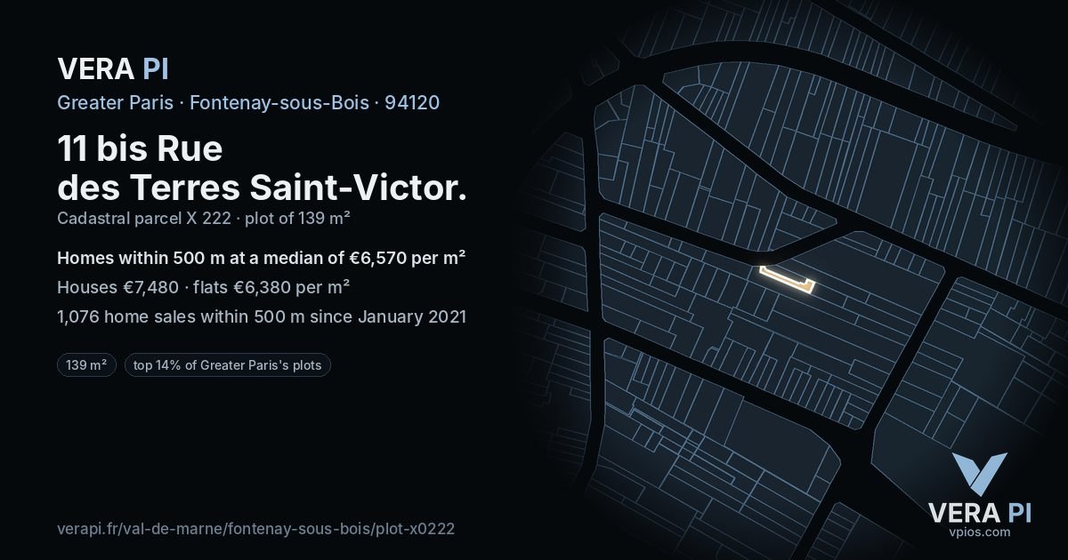 11 bis Rue des Terres Saint-Victor, Fontenay-sous-Bois at night – the plot lit, the parcels around coloured by the prices near them