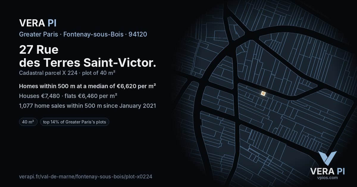 27 Rue des Terres Saint-Victor, Fontenay-sous-Bois at night – the plot lit, the parcels around coloured by the prices near them