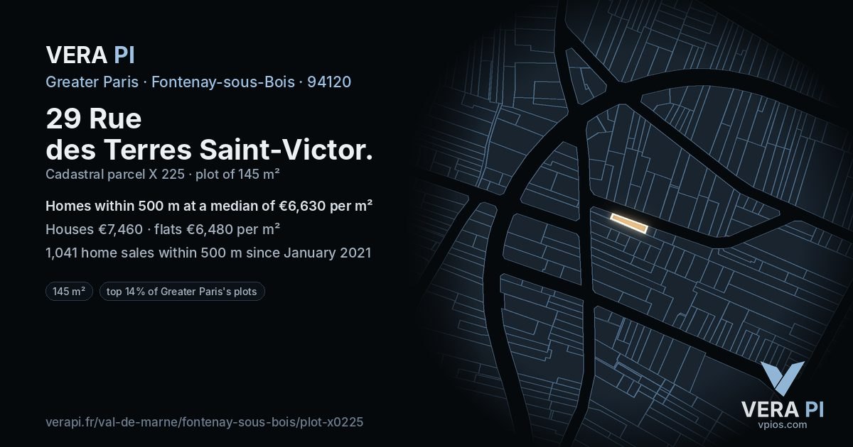 29 Rue des Terres Saint-Victor, Fontenay-sous-Bois at night – the plot lit, the parcels around coloured by the prices near them