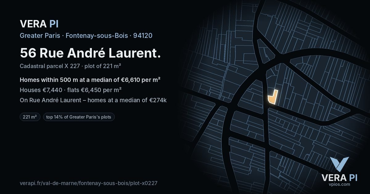 56 Rue André Laurent, Fontenay-sous-Bois at night – the plot lit, the parcels around coloured by the prices near them