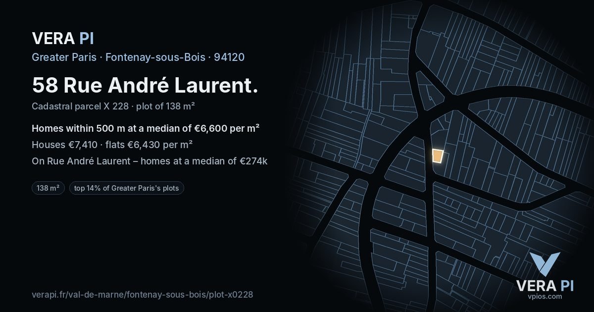 58 Rue André Laurent, Fontenay-sous-Bois at night – the plot lit, the parcels around coloured by the prices near them