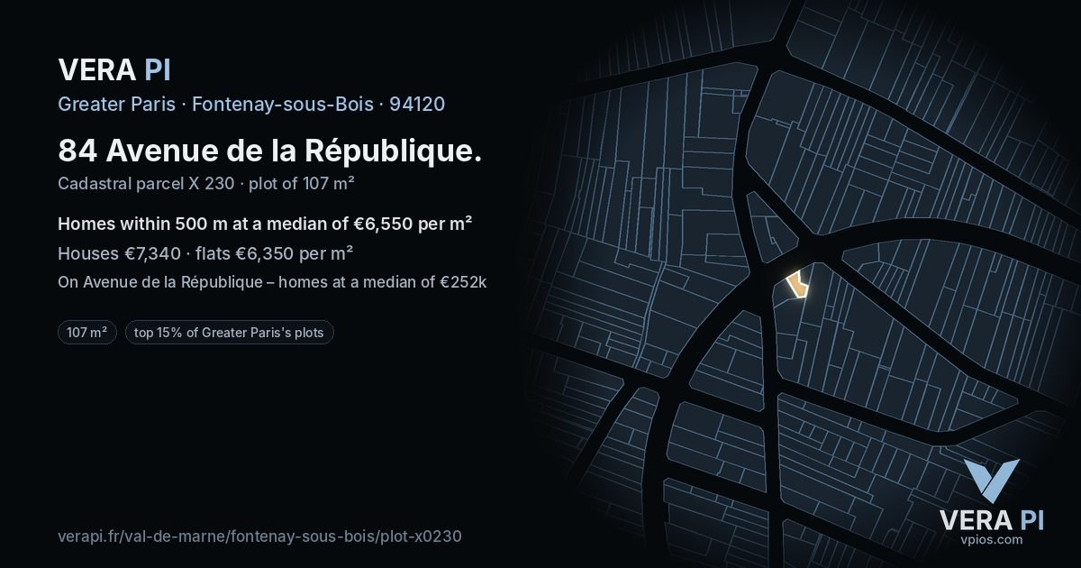 84 Avenue de la République, Fontenay-sous-Bois at night – the plot lit, the parcels around coloured by the prices near them