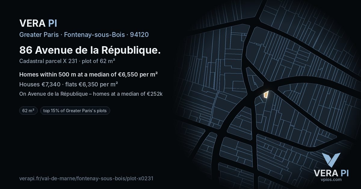 86 Avenue de la République, Fontenay-sous-Bois at night – the plot lit, the parcels around coloured by the prices near them