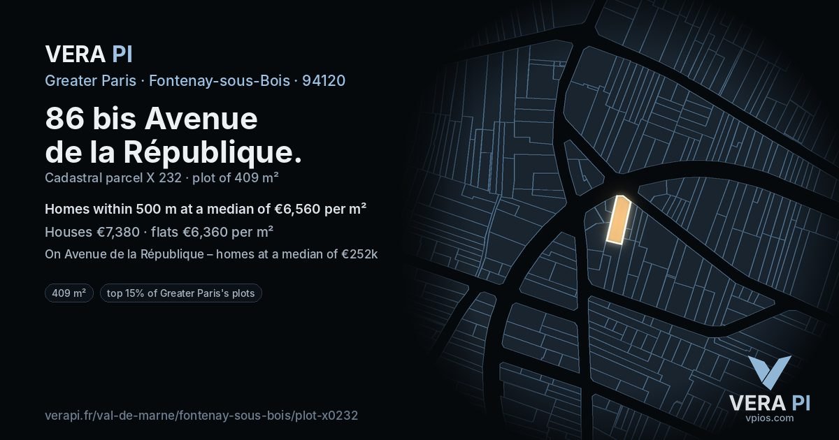 86 bis Avenue de la République, Fontenay-sous-Bois at night – the plot lit, the parcels around coloured by the prices near them