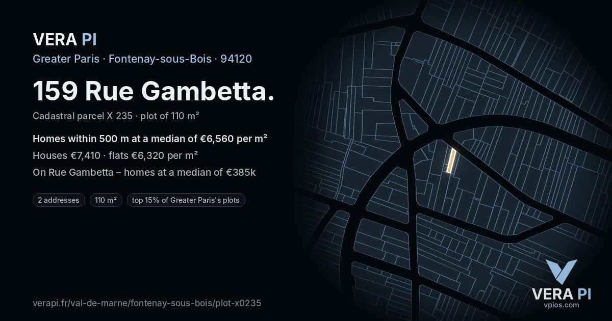 159 Rue Gambetta, Fontenay-sous-Bois at night – the plot lit, the parcels around coloured by the prices near them