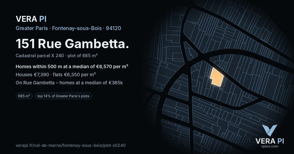 151 Rue Gambetta, Fontenay-sous-Bois at night – the plot lit, the parcels around coloured by the prices near them