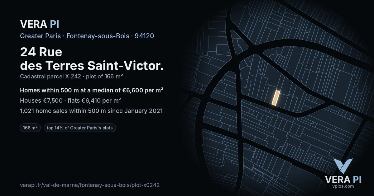 24 Rue des Terres Saint-Victor, Fontenay-sous-Bois at night – the plot lit, the parcels around coloured by the prices near them