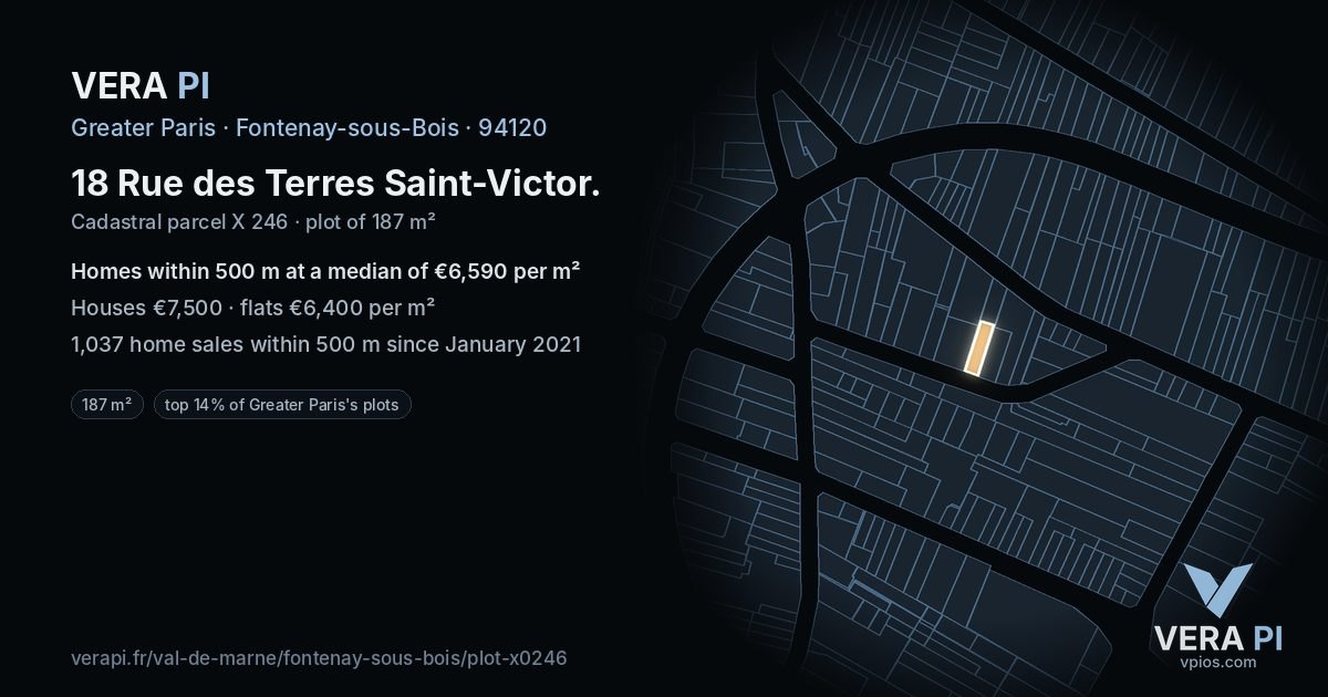 18 Rue des Terres Saint-Victor, Fontenay-sous-Bois at night – the plot lit, the parcels around coloured by the prices near them