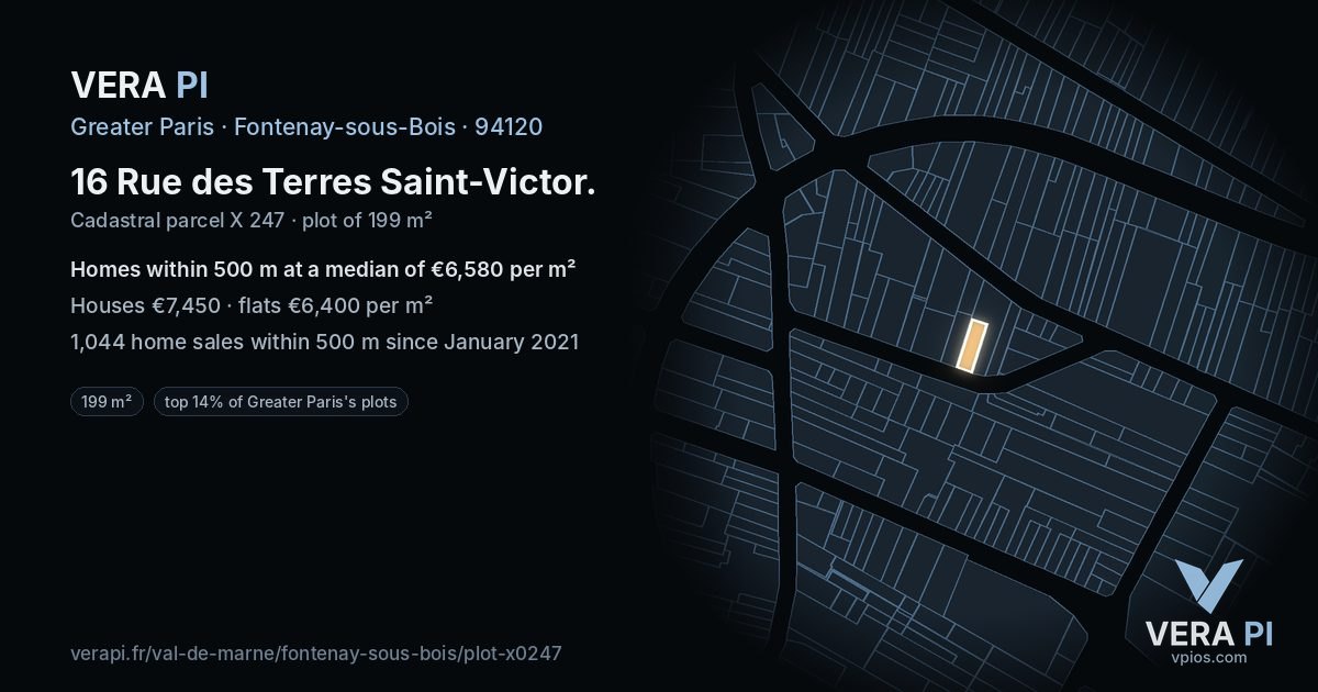16 Rue des Terres Saint-Victor, Fontenay-sous-Bois at night – the plot lit, the parcels around coloured by the prices near them