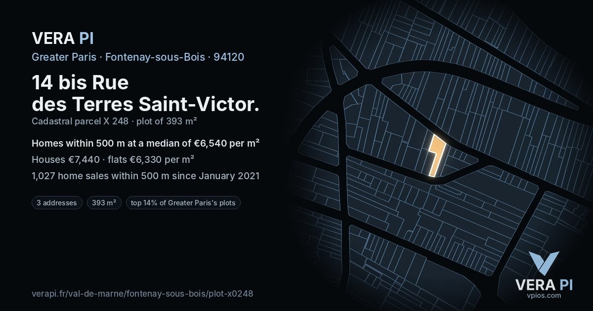 14 bis Rue des Terres Saint-Victor, Fontenay-sous-Bois at night – the plot lit, the parcels around coloured by the prices near them