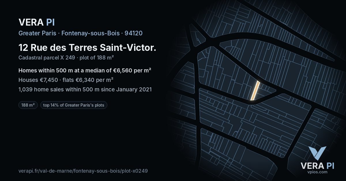 12 Rue des Terres Saint-Victor, Fontenay-sous-Bois at night – the plot lit, the parcels around coloured by the prices near them