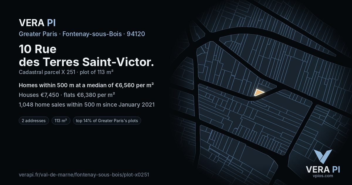 10 Rue des Terres Saint-Victor, Fontenay-sous-Bois at night – the plot lit, the parcels around coloured by the prices near them