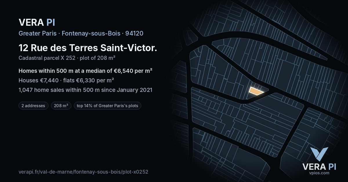 12 Rue des Terres Saint-Victor, Fontenay-sous-Bois at night – the plot lit, the parcels around coloured by the prices near them