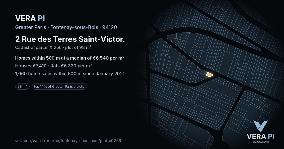 2 Rue des Terres Saint-Victor, Fontenay-sous-Bois at night – the plot lit, the parcels around coloured by the prices near them