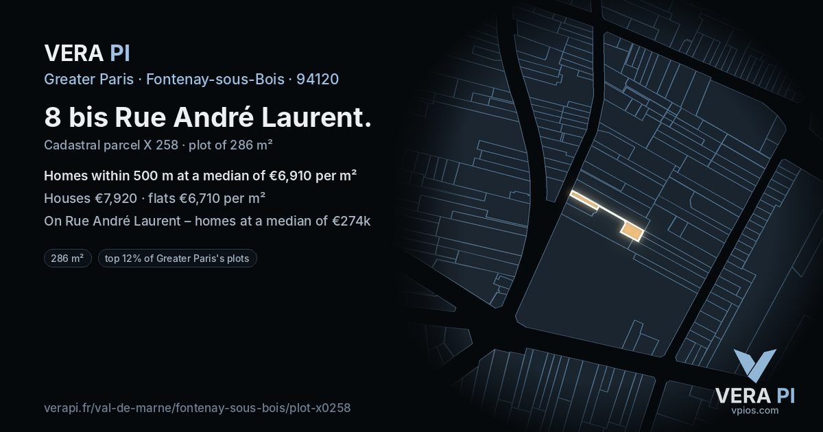 8 bis Rue André Laurent, Fontenay-sous-Bois at night – the plot lit, the parcels around coloured by the prices near them