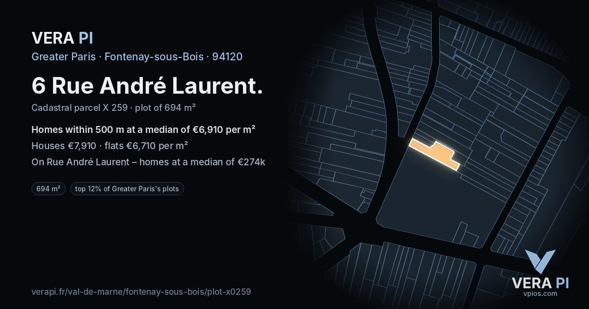 6 Rue André Laurent, Fontenay-sous-Bois at night – the plot lit, the parcels around coloured by the prices near them
