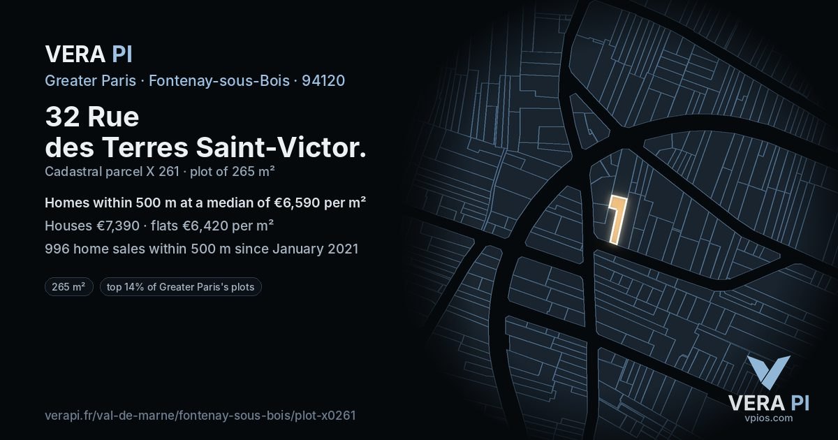 32 Rue des Terres Saint-Victor, Fontenay-sous-Bois at night – the plot lit, the parcels around coloured by the prices near them