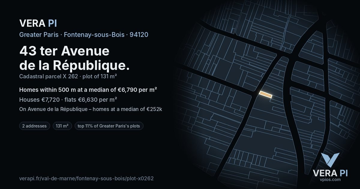 43 ter Avenue de la République, Fontenay-sous-Bois at night – the plot lit, the parcels around coloured by the prices near them