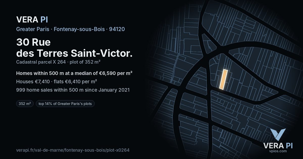30 Rue des Terres Saint-Victor, Fontenay-sous-Bois at night – the plot lit, the parcels around coloured by the prices near them