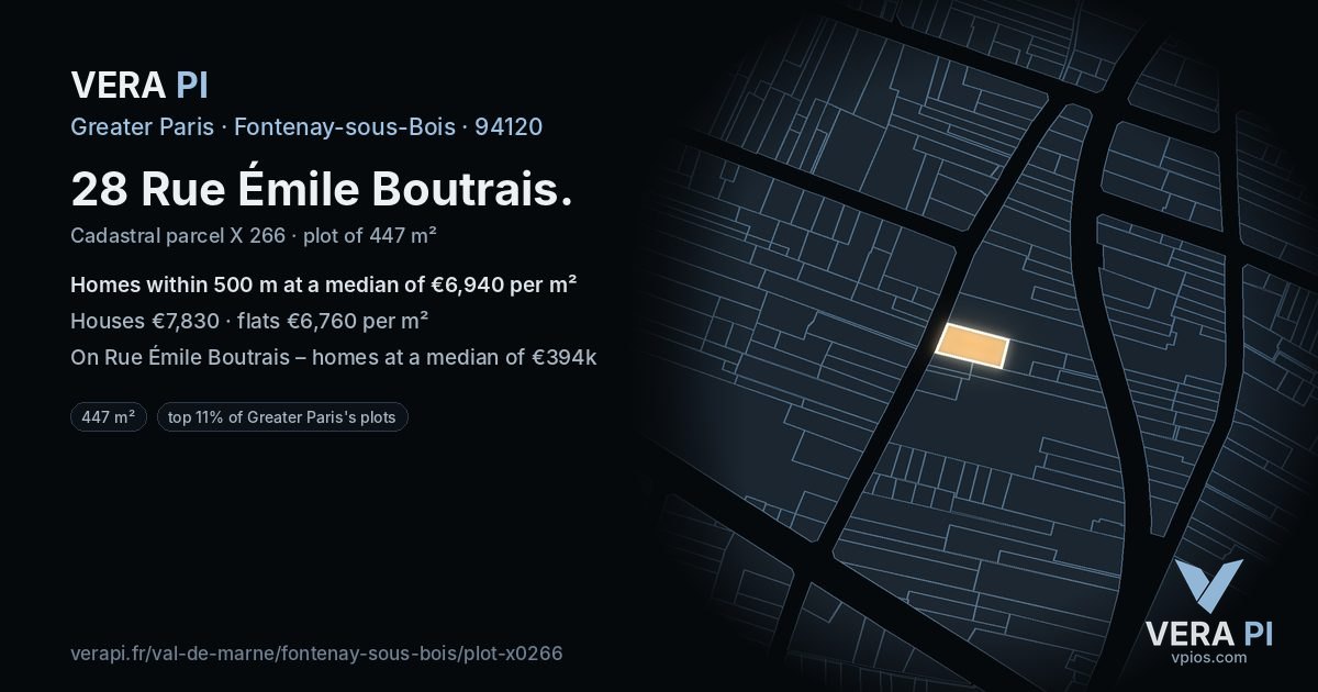 28 Rue Émile Boutrais, Fontenay-sous-Bois at night – the plot lit, the parcels around coloured by the prices near them