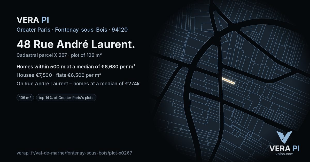 48 Rue André Laurent, Fontenay-sous-Bois at night – the plot lit, the parcels around coloured by the prices near them