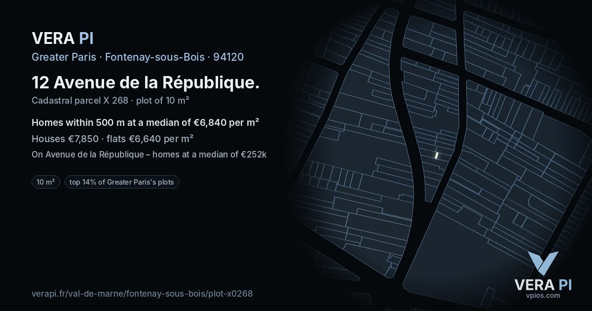 12 Avenue de la République, Fontenay-sous-Bois at night – the plot lit, the parcels around coloured by the prices near them