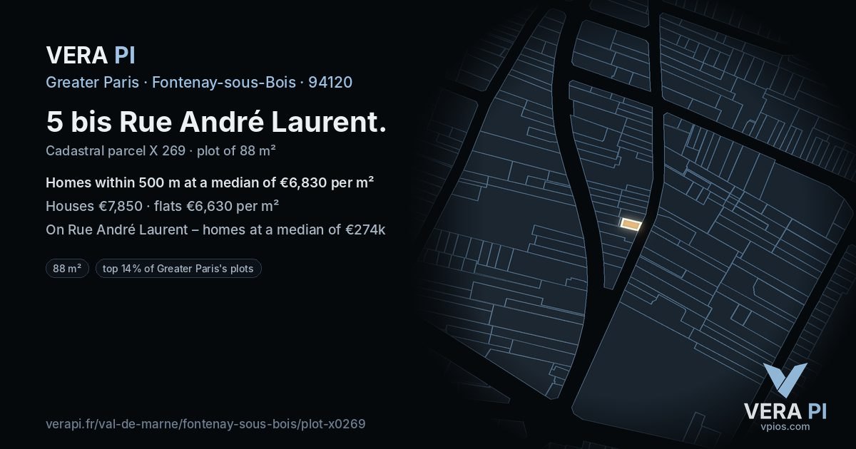 5 bis Rue André Laurent, Fontenay-sous-Bois at night – the plot lit, the parcels around coloured by the prices near them