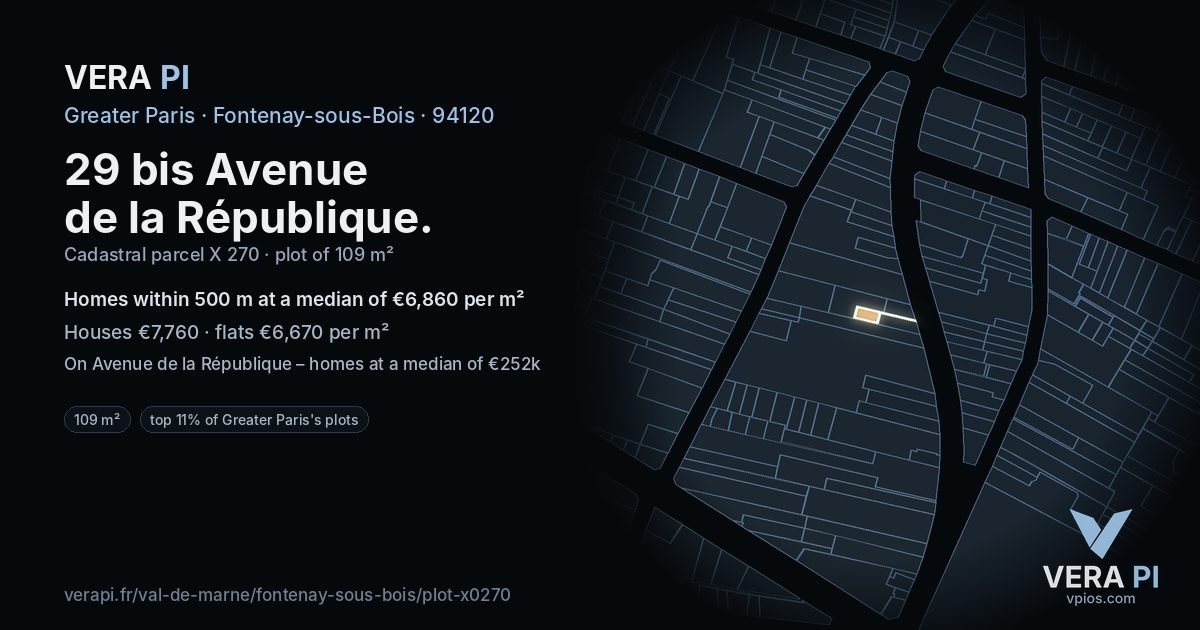 29 bis Avenue de la République, Fontenay-sous-Bois at night – the plot lit, the parcels around coloured by the prices near them