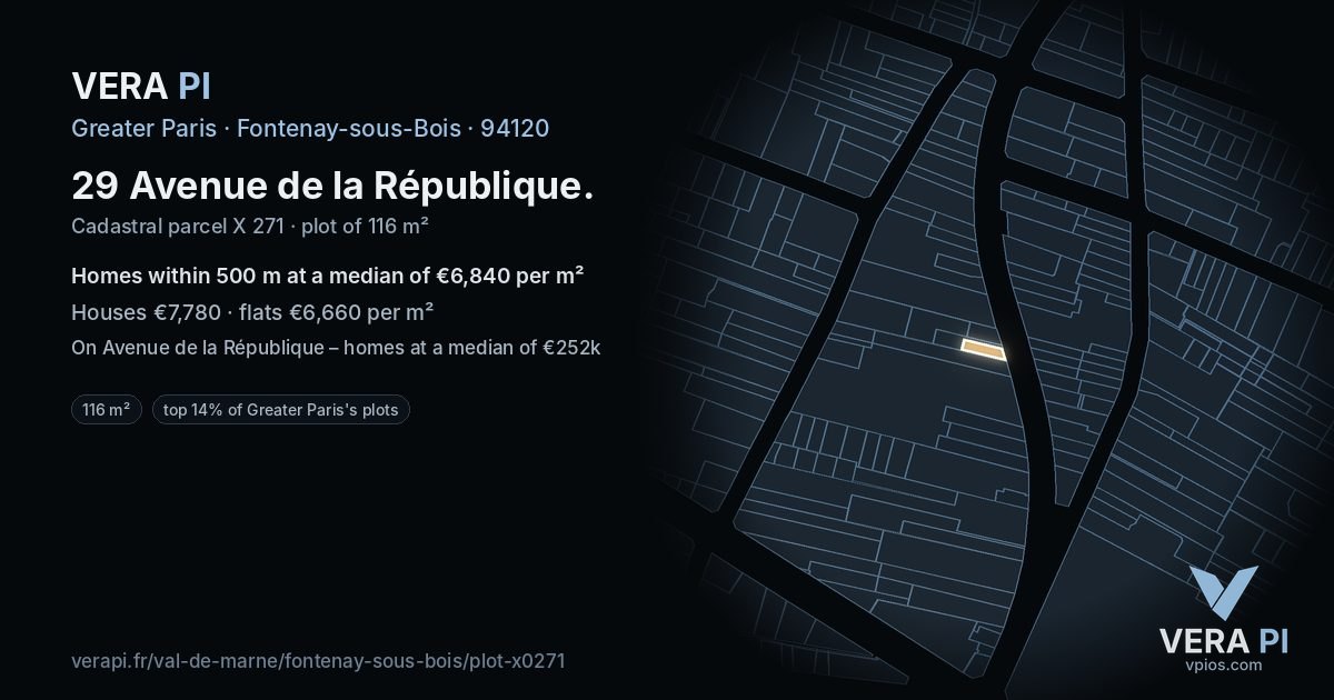 29 Avenue de la République, Fontenay-sous-Bois at night – the plot lit, the parcels around coloured by the prices near them