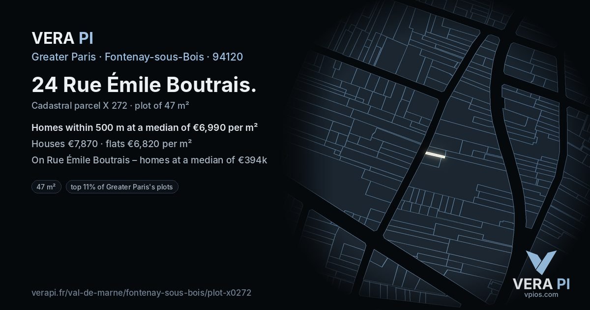 24 Rue Émile Boutrais, Fontenay-sous-Bois at night – the plot lit, the parcels around coloured by the prices near them