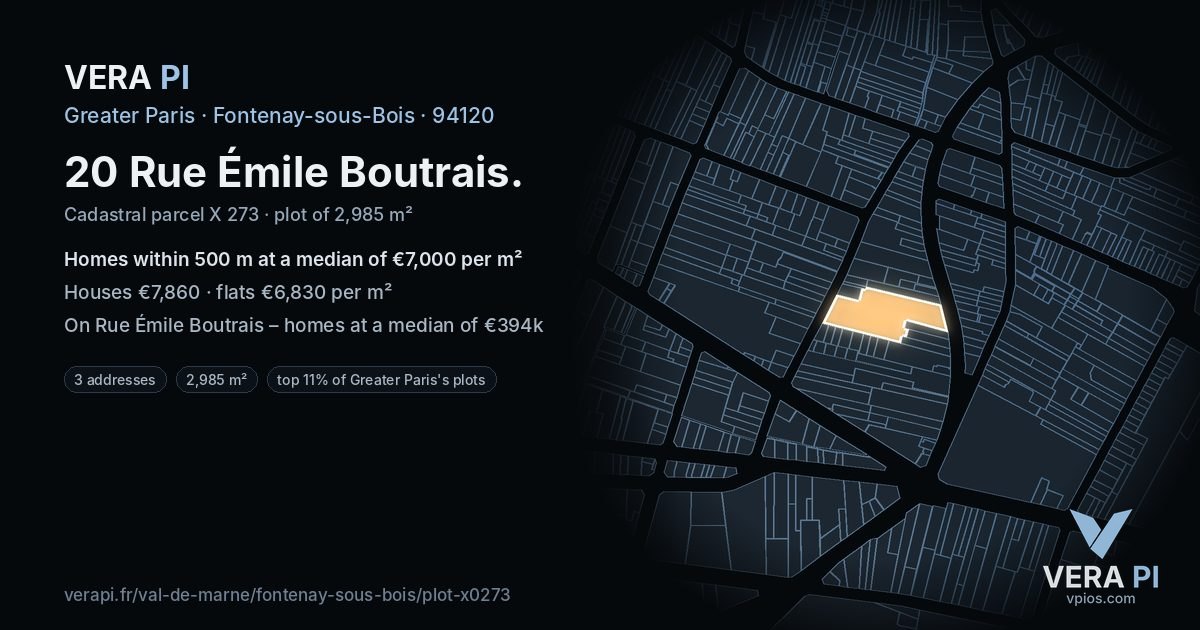 20 Rue Émile Boutrais, Fontenay-sous-Bois at night – the plot lit, the parcels around coloured by the prices near them