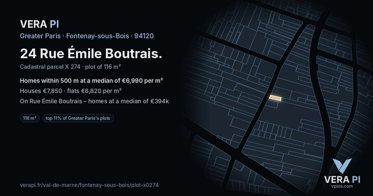 24 Rue Émile Boutrais, Fontenay-sous-Bois at night – the plot lit, the parcels around coloured by the prices near them