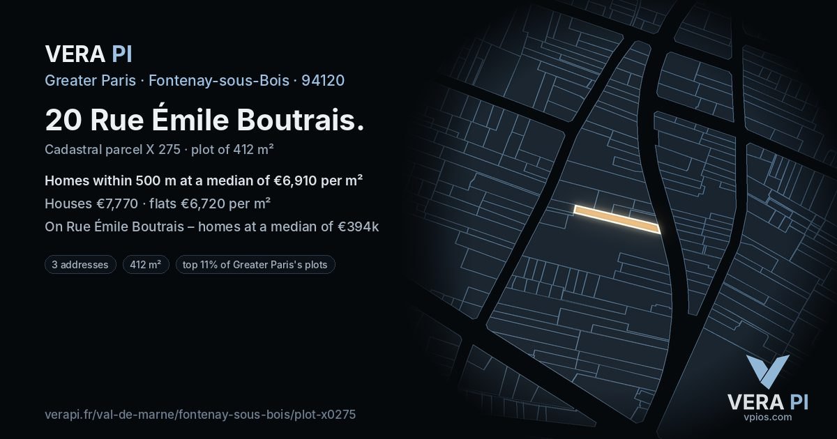 20 Rue Émile Boutrais, Fontenay-sous-Bois at night – the plot lit, the parcels around coloured by the prices near them