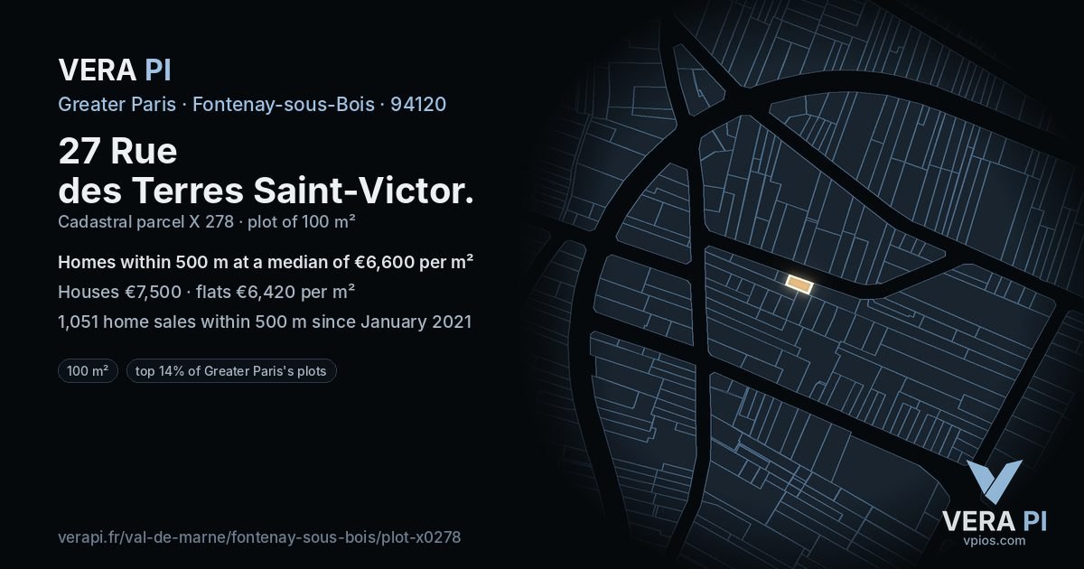 27 Rue des Terres Saint-Victor, Fontenay-sous-Bois at night – the plot lit, the parcels around coloured by the prices near them