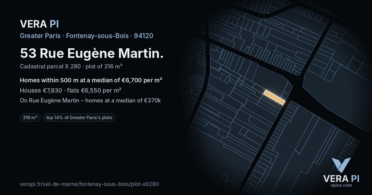 53 Rue Eugène Martin, Fontenay-sous-Bois at night – the plot lit, the parcels around coloured by the prices near them