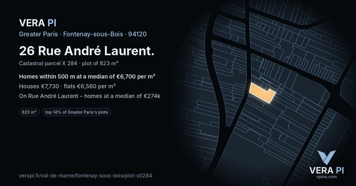 26 Rue André Laurent, Fontenay-sous-Bois at night – the plot lit, the parcels around coloured by the prices near them
