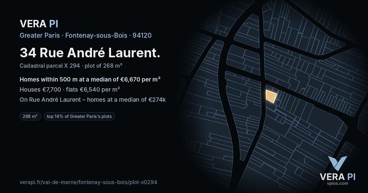 34 Rue André Laurent, Fontenay-sous-Bois at night – the plot lit, the parcels around coloured by the prices near them