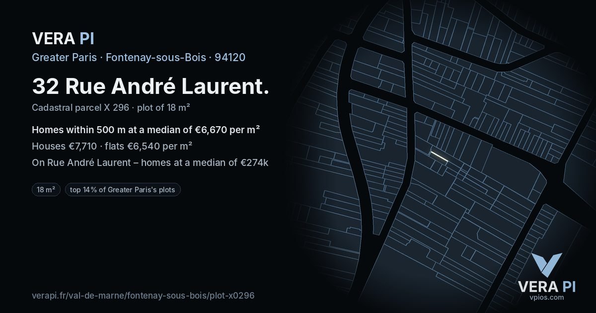 32 Rue André Laurent, Fontenay-sous-Bois at night – the plot lit, the parcels around coloured by the prices near them