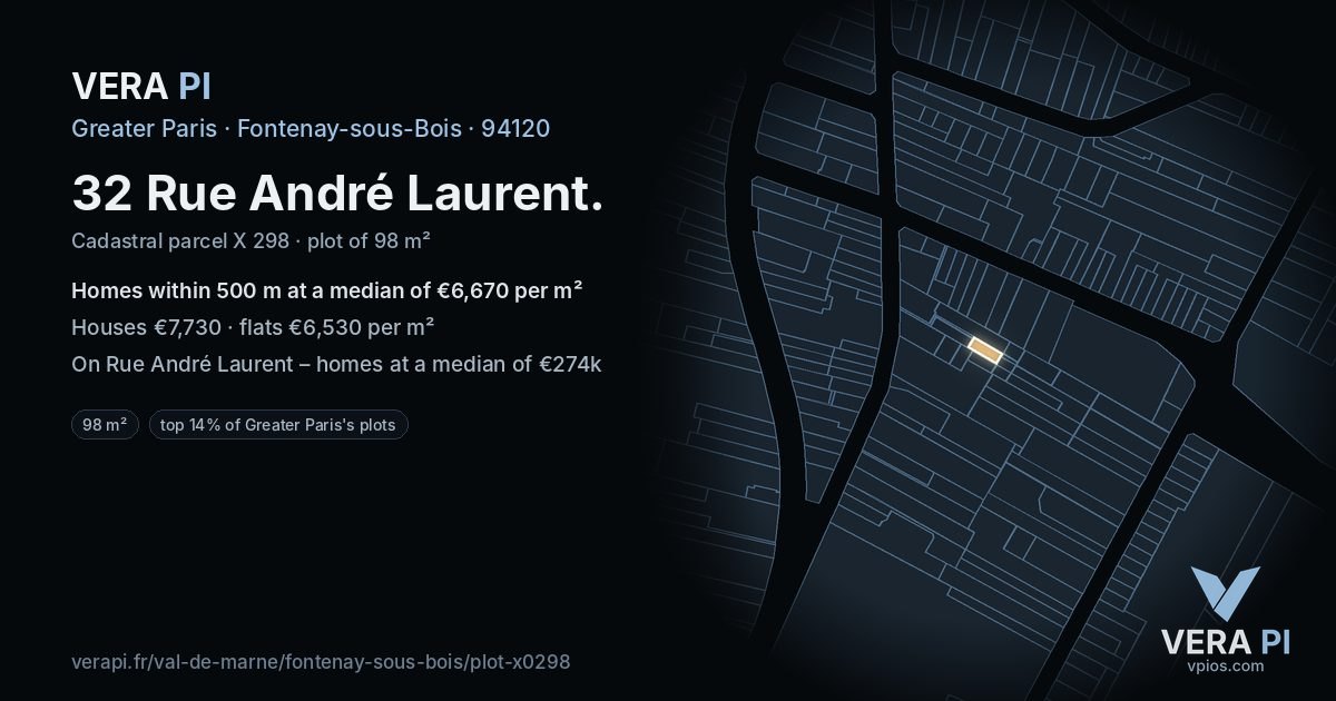 32 Rue André Laurent, Fontenay-sous-Bois at night – the plot lit, the parcels around coloured by the prices near them