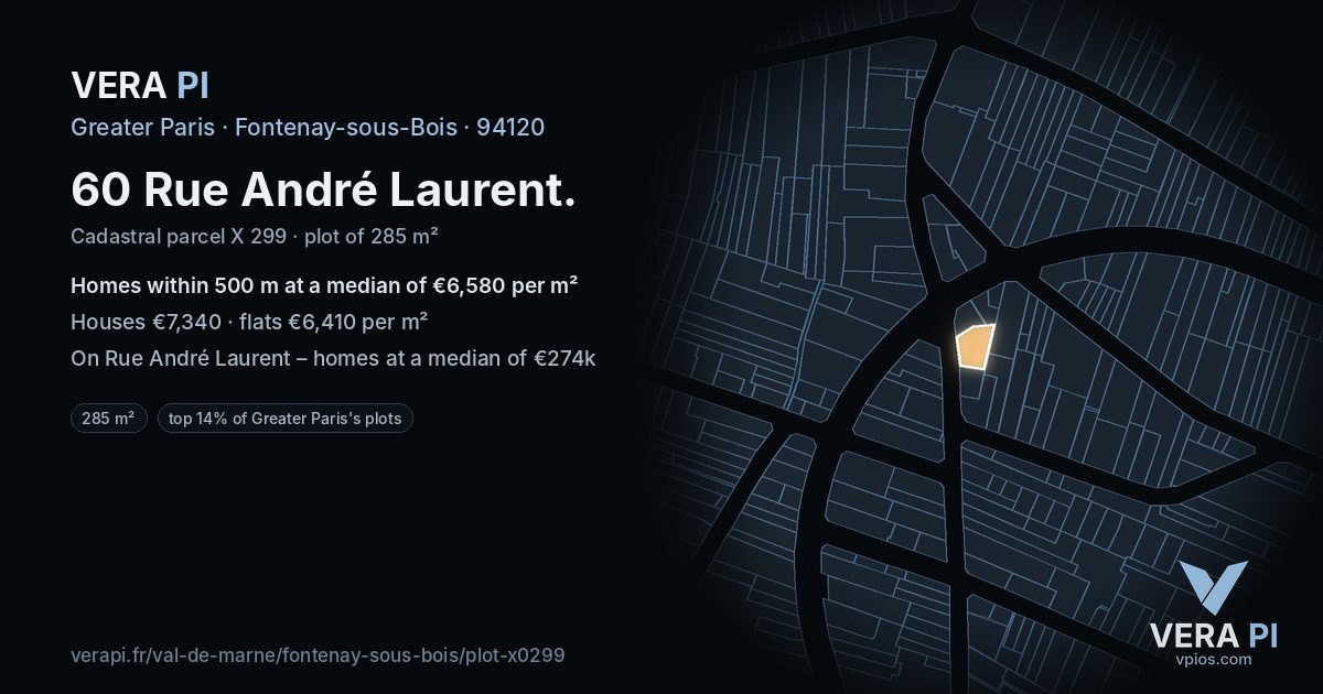 60 Rue André Laurent, Fontenay-sous-Bois at night – the plot lit, the parcels around coloured by the prices near them