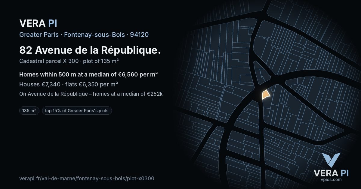 82 Avenue de la République, Fontenay-sous-Bois at night – the plot lit, the parcels around coloured by the prices near them
