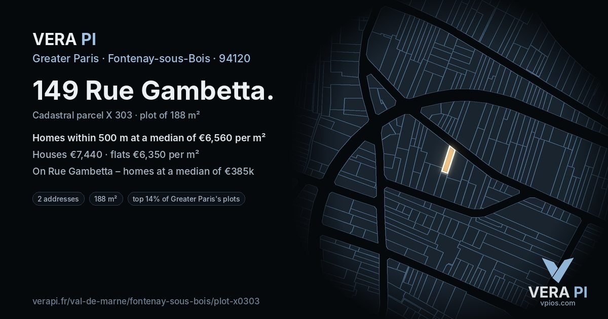 149 Rue Gambetta, Fontenay-sous-Bois at night – the plot lit, the parcels around coloured by the prices near them