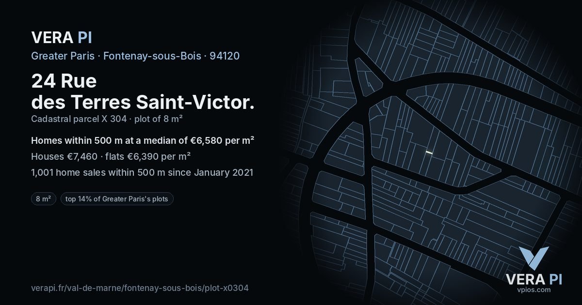24 Rue des Terres Saint-Victor, Fontenay-sous-Bois at night – the plot lit, the parcels around coloured by the prices near them