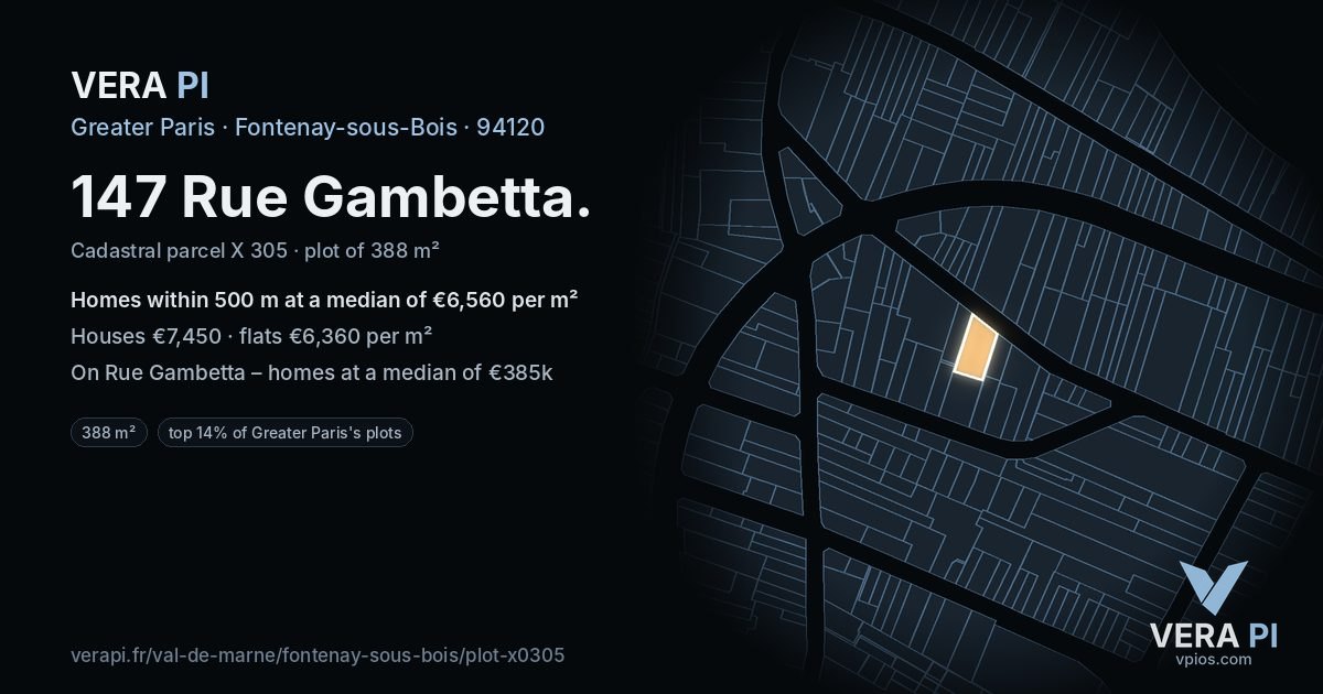 147 Rue Gambetta, Fontenay-sous-Bois at night – the plot lit, the parcels around coloured by the prices near them
