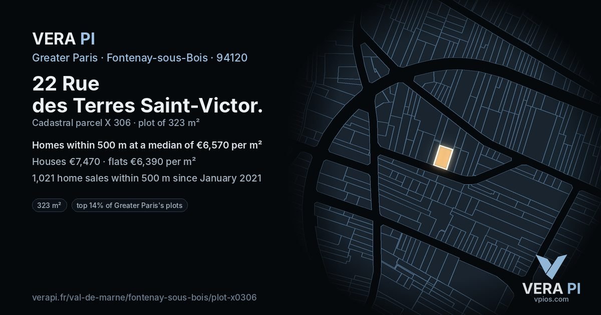 22 Rue des Terres Saint-Victor, Fontenay-sous-Bois at night – the plot lit, the parcels around coloured by the prices near them