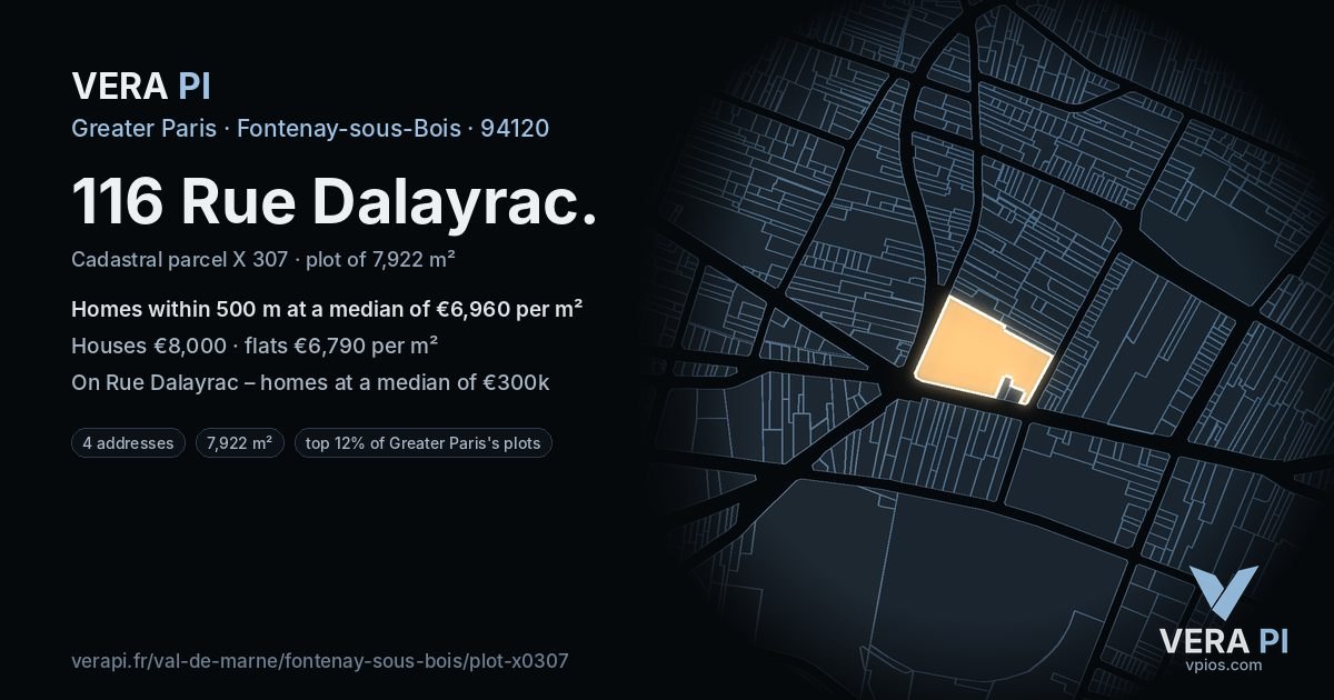 116 Rue Dalayrac, Fontenay-sous-Bois at night – the plot lit, the parcels around coloured by the prices near them