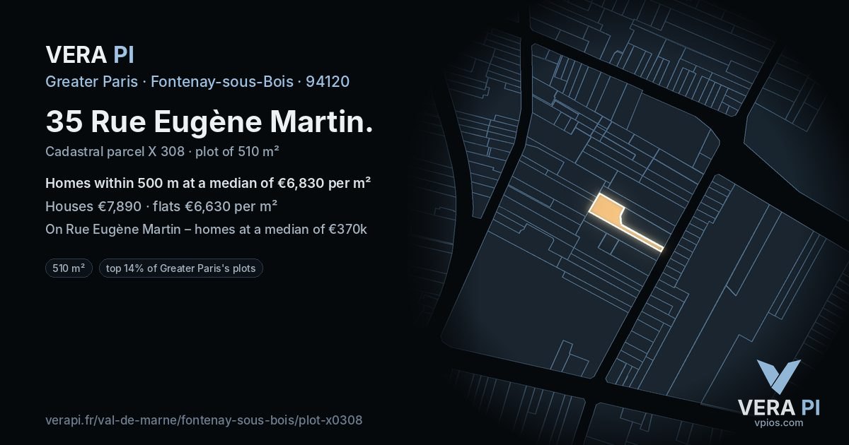 35 Rue Eugène Martin, Fontenay-sous-Bois at night – the plot lit, the parcels around coloured by the prices near them